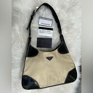 Prada Black and Cream Tessuto Nylon Hobo